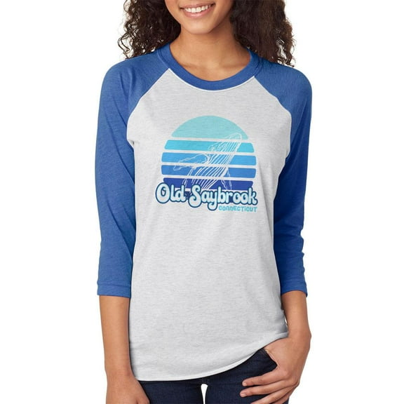 Retro 70's Sunset Old Saybrook Whale Unisex Raglan T Shirt White-Royal 2XL