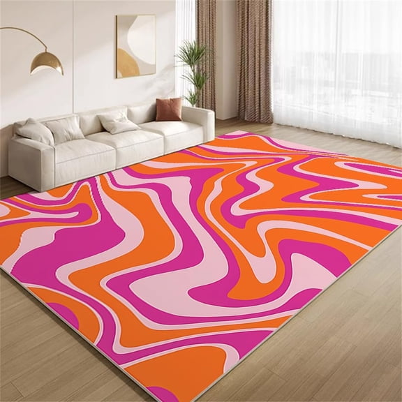 Retro 70S 80S Wavy Swirl Area Rugs Seventies Style Purple Orange Pink Seamless Rugs Washable Non-Slip Indoor Carpet for Living Room Bedroom Office Entrance Foyer Decor Floor Mat 5x8ft