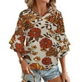 thumbnail image 1 of Retro 70S Boho Hippie Orange Flower Women's V-Neck Blouse With 3/4 Ruffled Bell Sleeves Casual Top Ladies Blouses, 1 of 7