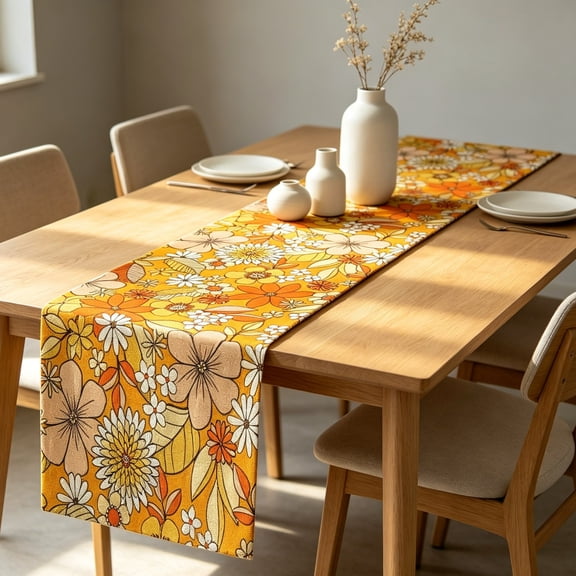 Retro 70S Floral Table Runner, Hippie Summer Groovy Daisy Flower Dinner Runner for Home Kitchen Dining Table Party Holiday Decor,Bohemian Style Tablecloth 13X36 in