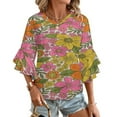 thumbnail image 1 of Retro 70S Hippie Flower Women's V-Neck Blouse With 3/4 Ruffled Bell Sleeves Casual Top Ladies Blouses, 1 of 7