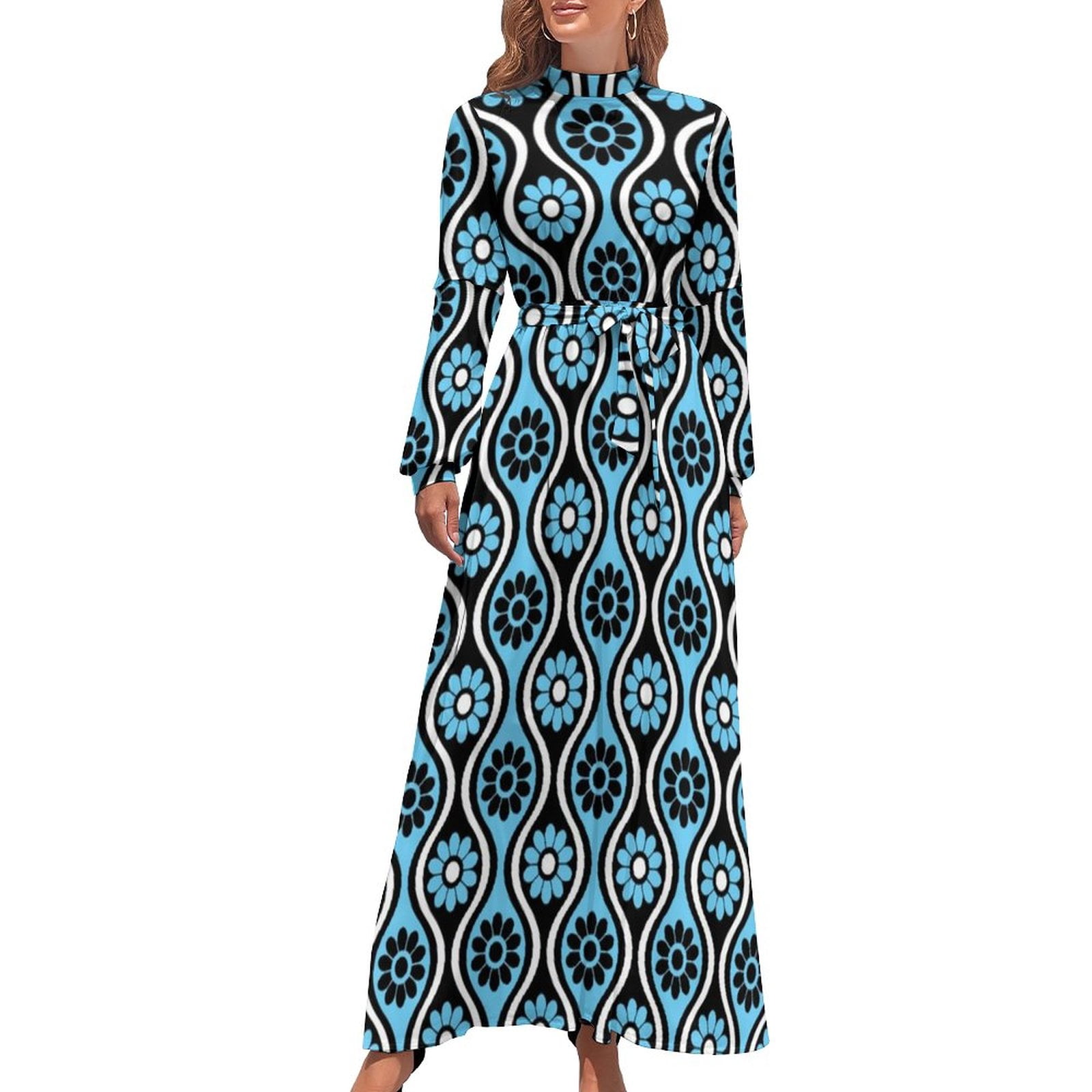 Retro 70S Style Dress Vintage Blue Pattern Cute Maxi Dress Korean Fashion  Beach Long Dresses High Waist Printed Clothing - Walmart.com