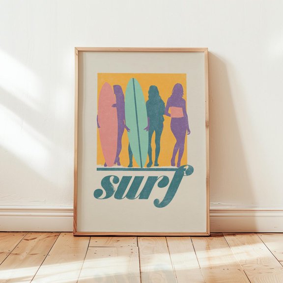 Retro 70S Surf Poster Minimalist Surfboard Silhouette Wall Art Vintage Beach Vibes Paper Print