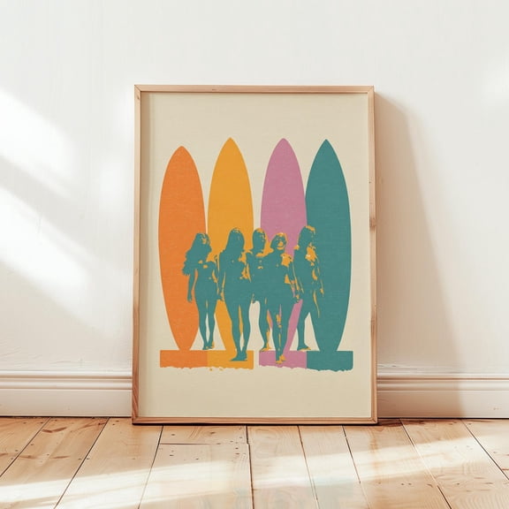 Retro 70S Surf Poster Minimalist Surfboard Silhouette Wall Art Vintage Beach Vibes Paper Print