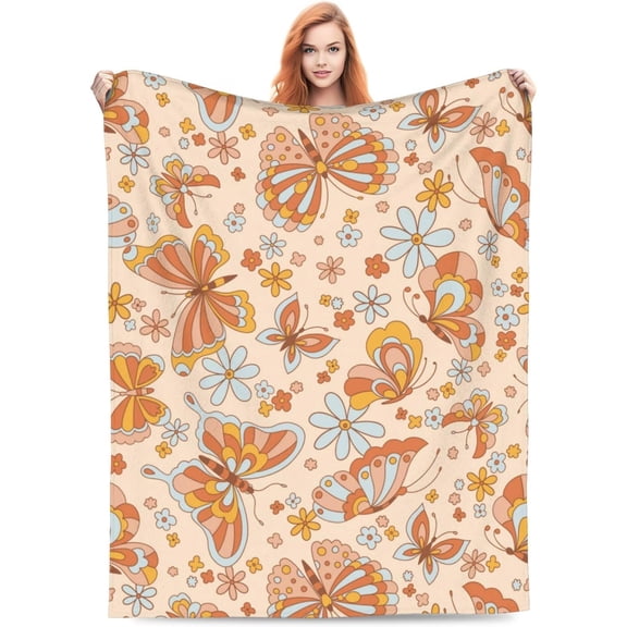 Retro 70s 60s Floral Hippie Summer Groovy Butterfly Blanket Boho Natural Colours Flowers Pink Valentine Day Gifts for Girls Women Soft Flannel Throw Blanket for Bed Home Sofa Decor 50"X40"