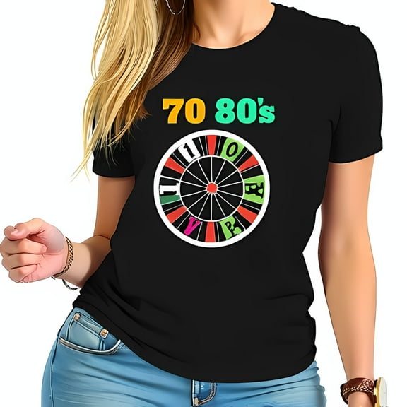 Retro 70s 80s Cotton Short Sleeve T-Shirt with Colorful Roulette Wheel Graphic and Bold Numbers