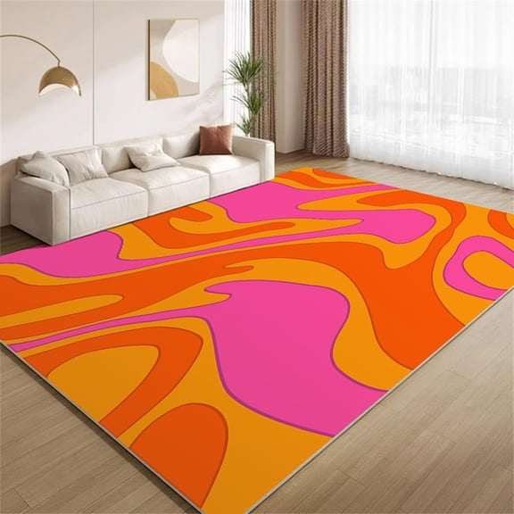 Retro 70s 80s Orange Pink Colors Area Rugs Funky Wavy Swirl Abstract Psychedelic Rugs Non-Slip Machine Washable Home Decor Carpet for Living Room Bedroom Study Office Entrance 5x7ft