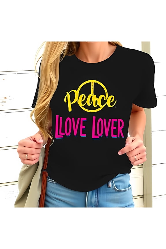Retro 70s 80s Style Cotton Short Sleeve T-Shirt with Yellow Peace Symbol & " I LOVE LOVER " in Hot Pink & Blue