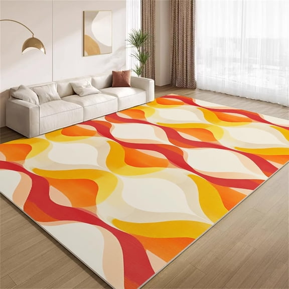 Retro 70s 80s Wavy Area Rugs, Orange Yellow Carpet, Washable Non Slip Low Pile Soft Rug for Entryway Bedroom Decor Mat 5ftx8ft