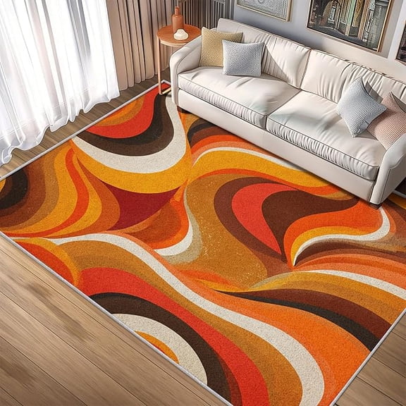 Retro 70s Abstract Vortex Washable Rug, Orange Brown Soft Non Slip Floor Carpet for Living Room Bedroom Dining Room Kitchen Office Entryway Home Decor, Foldable Thin Throw Rugs 2 x 3ft