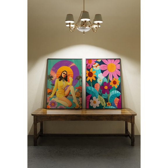 Retro 70s Art Print Fashion Woman Floral Design Set 2 Unframed Paper Print 12x18