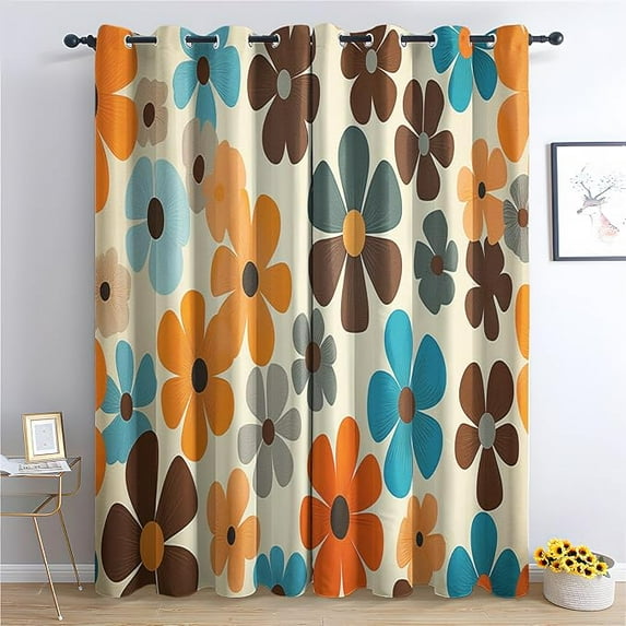 Retro 70s Blackout Curtains For Bedroom Living Room, Thermal Insulated Room Darkening Grommet Drapes, Vintage Floral Window Curtains & Home Decor 53"W x 96"L (Pack of 2)