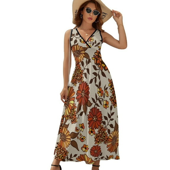 Retro 70s Boho Hippie Orange Flower Dress Fashion Boho Beach Long Dresses Female Party Printed Maxi Dress