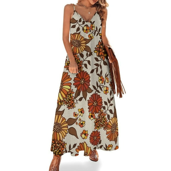 Retro 70s Boho Hippie Orange Flower Sleeveless Dress Loose Women's Dress Dresses Luxury Evening Dresses
