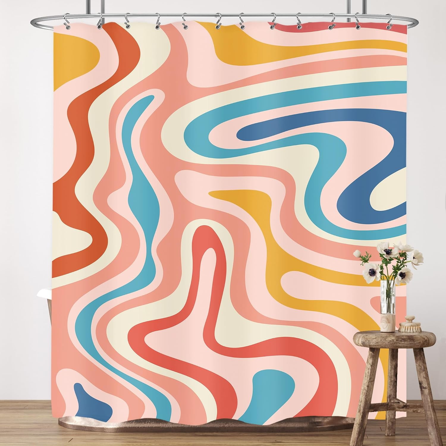Retro 70s Boho Shower Curtain 72Wx72H Inches Abstract Rainbow Spiral Swirl Waves Colorful Modern Y2K Groovy Aesthetic Cloth Fabric Waterproof Polyester Bathroom Home Decor Set with Hooks