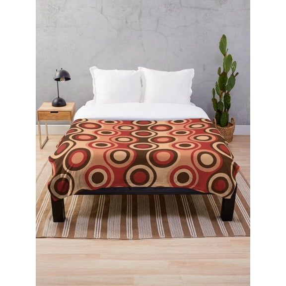 Retro 70s Circle Pattern Sherpa Blanket, Brown Red Boho Polyester Fleece Throw, 3D Print Sherpa Back, Multiple Sizes
