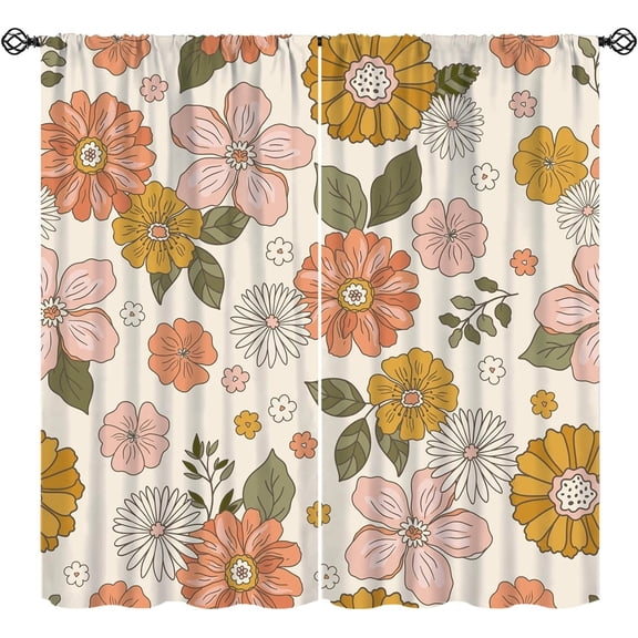 Retro 70s Floral Curtains, Groovy Retro Boho Flower Pattern Vintage Window Treatments, Rod Pocket Thermal Insulated Drapes 2 Panel Sets for Bedroom Living Room Kitchen, 63" W X 63" L