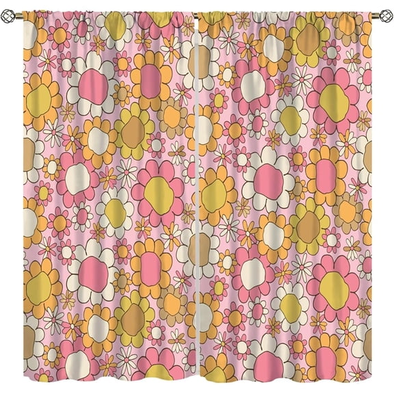 Retro 70s Floral Curtains, Pink Hippie Groovy Flower Pattern Window Treatments for Home Bedroom Living Room Bedroom Kitchen 26"W x 63"L (Pack of 2)