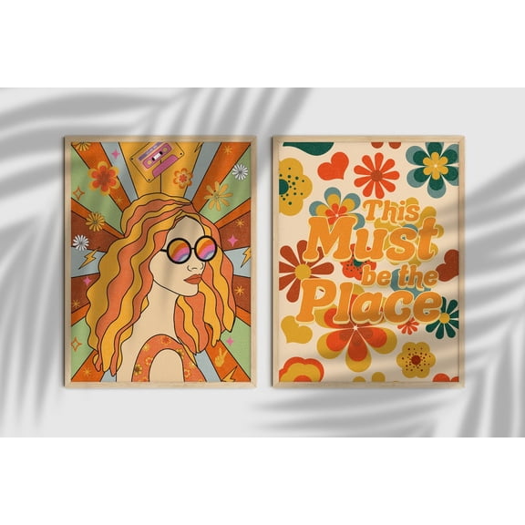 Retro 70s Floral Print Colorful Home Decor Set 2 Stretched Canvas 12x18