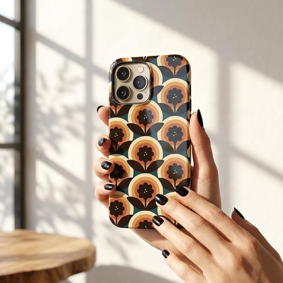 Retro 70s Floral Tough Phone Case for iPhone – Geometric Vintage Aesthetic Dual-Layer Protective Cover