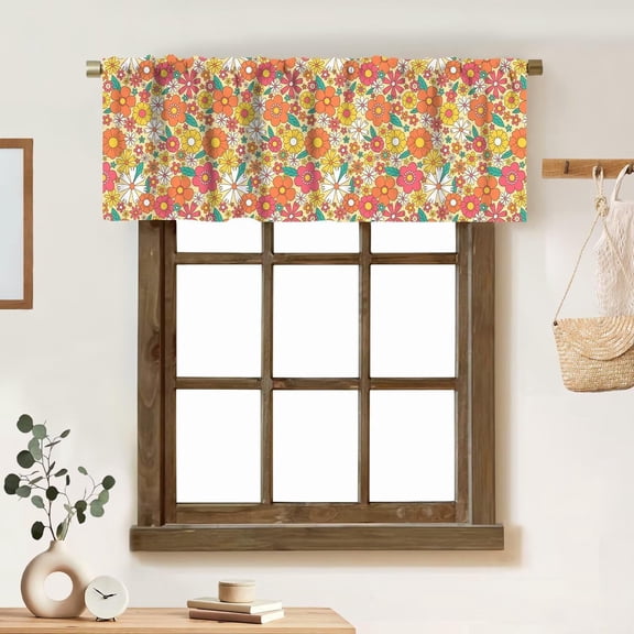 Retro 70s Floral Valance Curtain Hippie Spring Groovy Flower Power Flower Boho Print Rod Pocket Valance Window Treatments Short Curtains for Kitchen Living Room 54x18inch