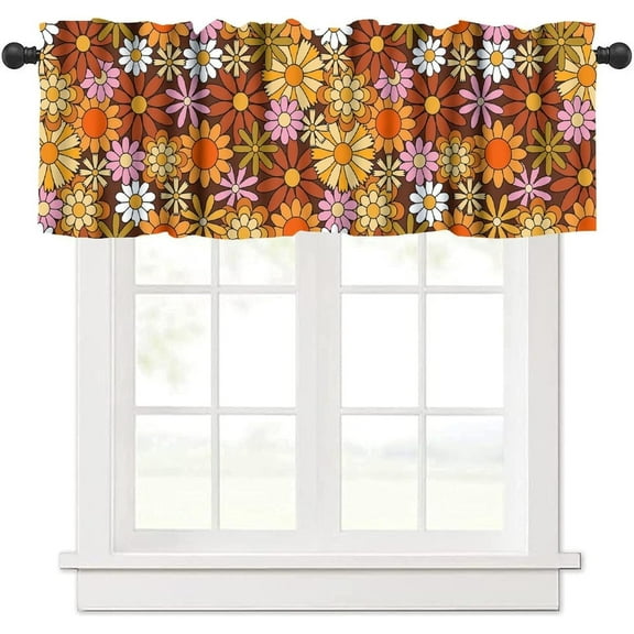 Retro 70s Floral Window Valance Curtains Hippie Summer Groovy Boho 60s Flower Window Treatments Valances for Kitchen Dining Room Bedroom Canteens Decor 54x18inch
