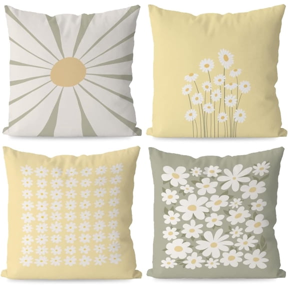 Retro 70s Green Yellow Boho Spring Summer Daisy Flower Blossom Throw Pillow Cover,Cottagecore Throw Pillow Covers 18×18 Inch Set of 4,Home Girls Room Daisy Decor,Teen Girls Daisy Lover Gifts