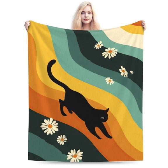Retro 70s Groovy Black Cat Throw Blanket, Funky Wavy Orange & Pink Art,Aesthetic Home Decor 50x40