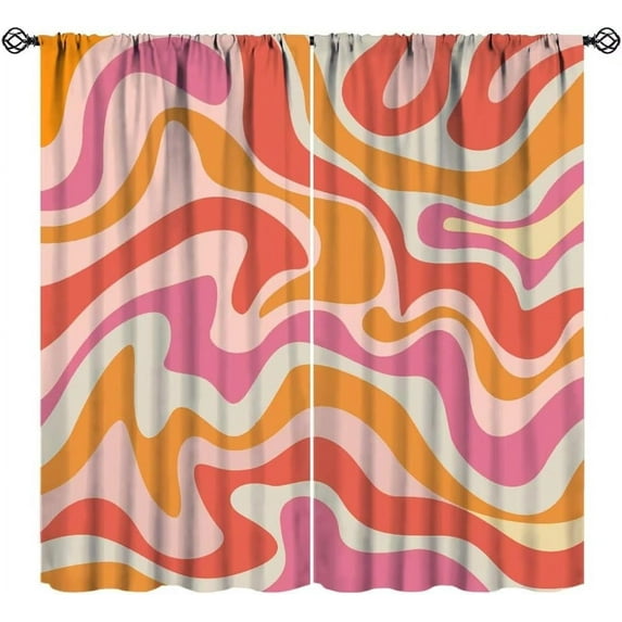 Retro 70s Groovy Curtains, Vintage Abstract Funky Modern Art Window Drapes Boho Pink Orange Spiral Swirl Waves Window Treatments for Bedroom Living Room 42x63in