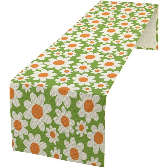 Retro 70s Groovy Floral Table Runner Hippie Green Background Cute White Flowers Pattern Table Runner Table Cloth Decoration Dresser Garden Farmhouse Wedding Party Vacation Dinner Home 13x36 inches