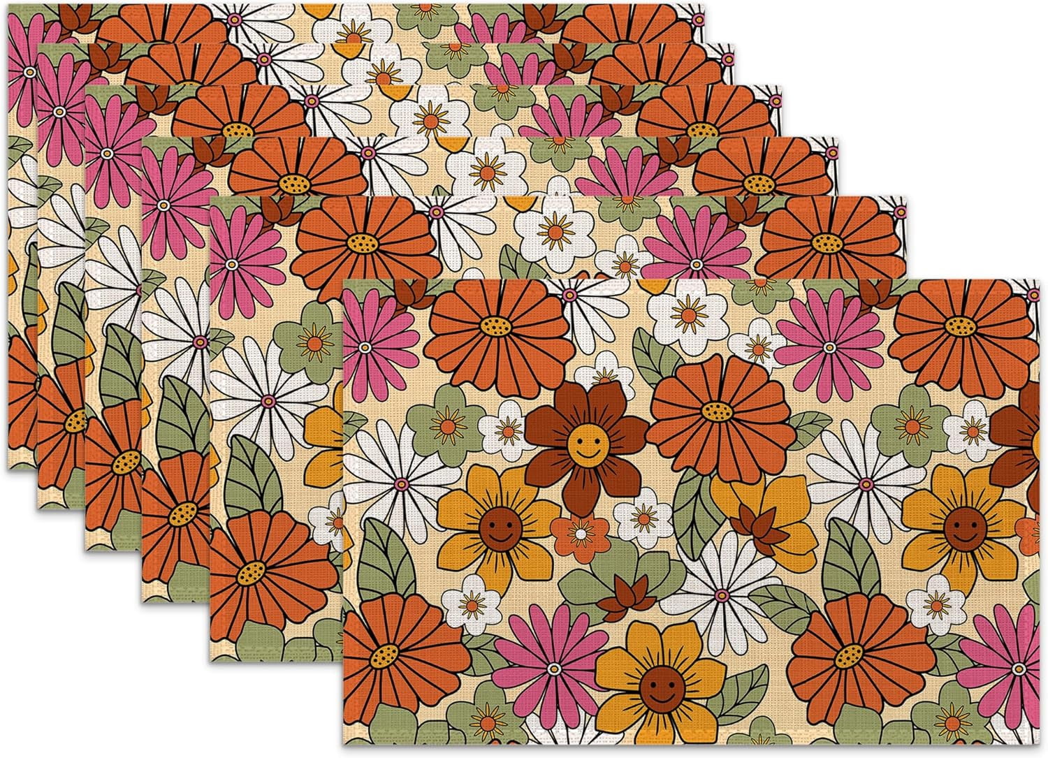 Retro 70s Groovy Flowers Placemats for Dining Table Set of 6,Hippie ...