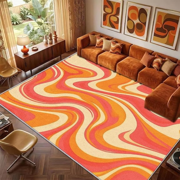 Retro 70s Groovy Rugs for Living Room, Washable Rug for Living Room, Psychedelic Patterned Indoor Carpet, Groovy Decor for Home, Bedroom, Soft Non Slip Thin Design 2 x 3ft