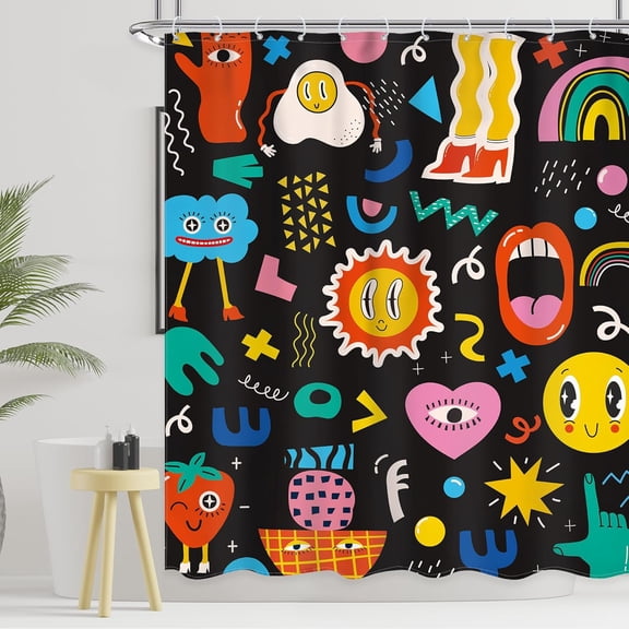 Retro 70s Groovy Shower Curtain 72Wx72L Inch Kids Funky Funny Abstract Cartoon Cute Rainbow Colorful Shower Curtain Bathroom Set Trendy Cool Unique Bath Curtain Bathtub Accessories Home Decor