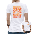 thumbnail image 1 of Retro 70s Here Comes The Sun Palm Tree Graphic Tees Womans Oversized Tshirt Tops Black/White S-5XL, 1 of 4
