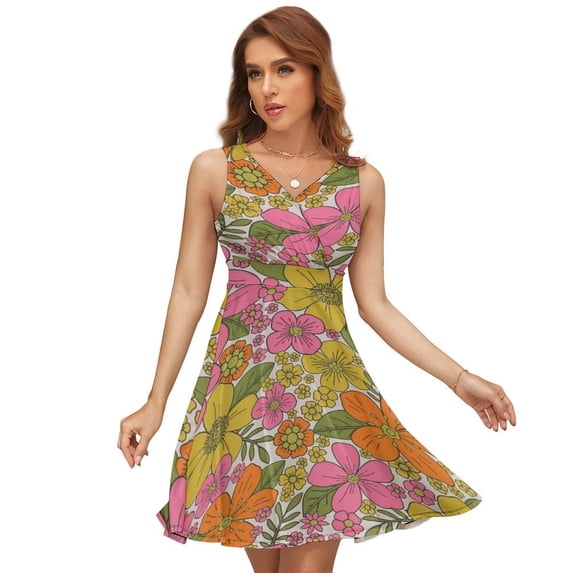 Retro 70s Hippie Flower Dress Fashion Beach Long Dresses Female Party Printed Sundress