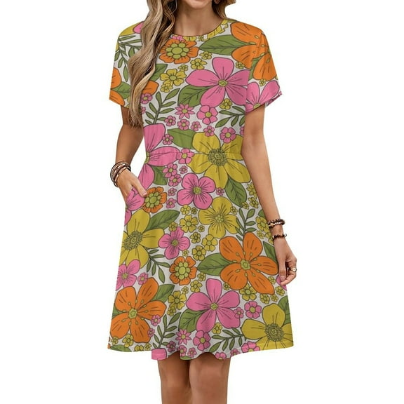 Retro 70s Hippie Flower Dress Summer Street Style Dresses Female Short Sleeve Printed Sundress