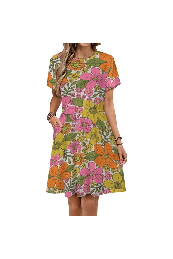Retro 70s Hippie Flower Dress Summer Street Style Dresses Female Short Sleeve Printed Sundress