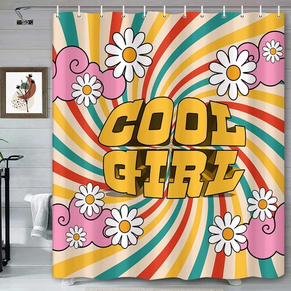 Retro 70s Hippie Shower Curtain, Cool Girl Rainbow Colorful Floral Hippie Vintage Groovy Bathroom Decor Sets, Waterproof Polyester Fabric Bath Curtain with Hooks, 72 x 72