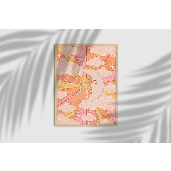 Retro 70s Moon Goddess Celestial Witchy Art, Stretched Canvas 12x16in