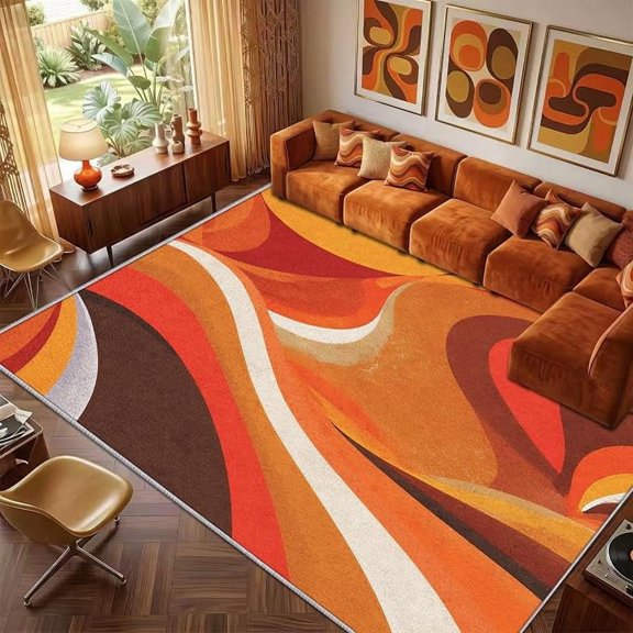 Retro 70s Rug Living Room Groovy Rugs, Washable Rug for Living Room, Psychedelic Orange Patterned Indoor Carpet, Retro 70s Decor for Home, Bedroom, Soft Non Slip Thin Design 5 x 8ft