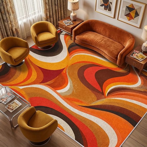 Retro 70s Rug, Washable Rug for Living Room, Abstract Vortex Patterned Indoor Carpet, Retro 70s Decor for Home, Bedroom, Soft Non Slip Thin Design 5 x 8ft