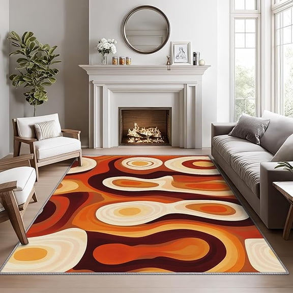 Retro 70s Rugs for Living Room -Orange Brown Abstract Groovy Rug, Mid Century Area Rug, Hippie Modern Washable Non-Slip Stain Resistant, Retro 70s Groovy Home Decor & Gifts 2 x 3ft
