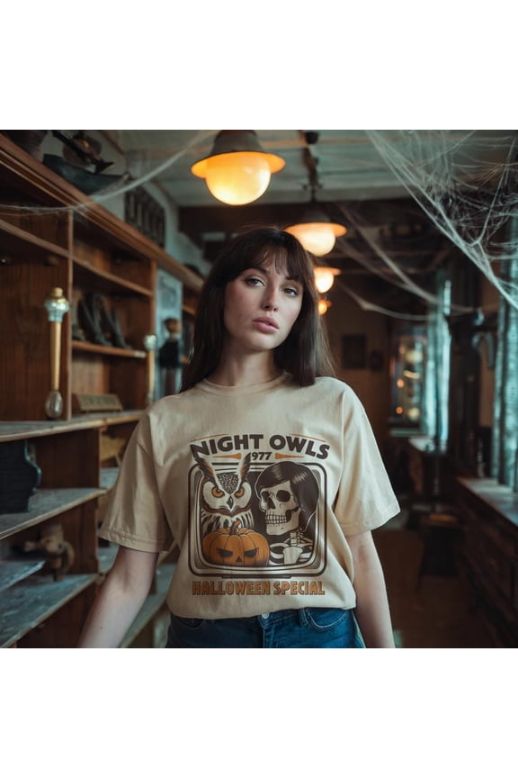 Retro 70s Spooky Owl and Skull Men's Short-Sleeve Graphic T-Shirt Vintage Halloween Gift