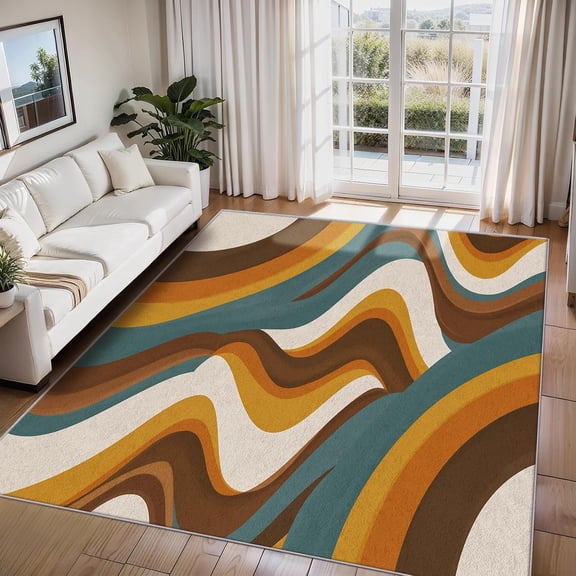 Retro 70s Style Rug for Bedroom, Soft Abstract Wavy Swirl Mid Century Modern Area Rugs for Living Room, Retro 70s Room Decor Indoor Carpet with Non Slip Backing, Washable-5' x 8'