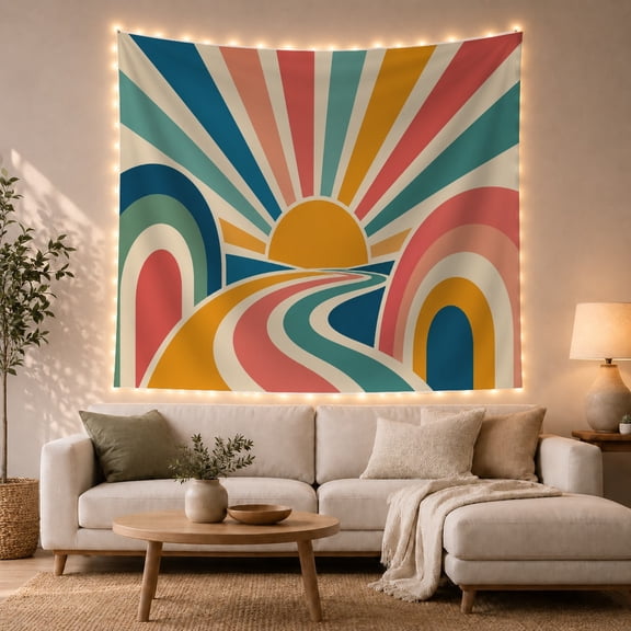 Retro 70s Sun with Rainbow Arches and Winding River, Nostalgic Boho Style for Nature Lovers, Bohemian Wall Art, Housewarming Gift, Tapestry Wall Hanging for Bedroom, Living Room and Dorm
