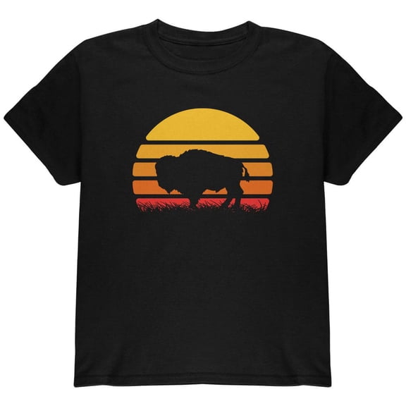 Retro 70s Sunset Buffalo Bison Youth T Shirt Black YMD