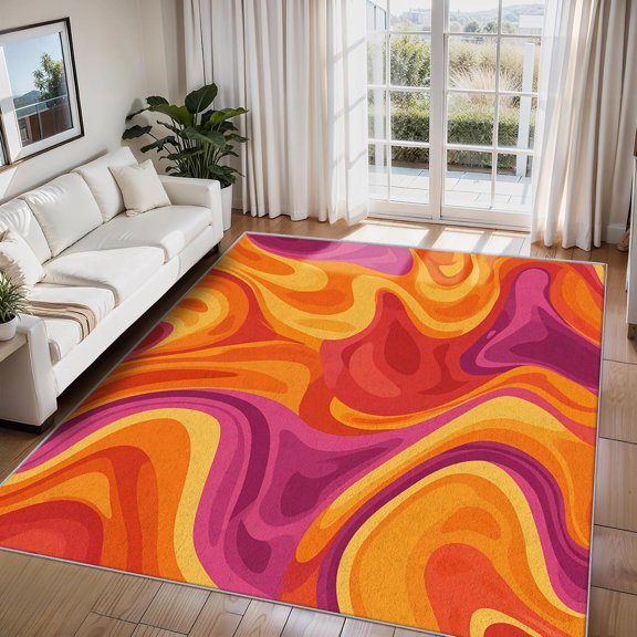 Retro 70s Swirl Area Rugs, Funky Groovy Hippie Wave Pattern Carpet, Washable Non Slip Low Pile Soft Rug for Living Room Bedroom Decor Mat 2x3ft