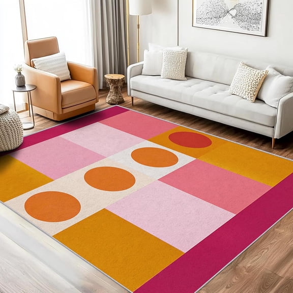 Retro 70s Throw Rugs, Geometric Pattern Carpet, Washable Non Slip Low Pile Soft Rug for Entryway Kitchen Bedroom Decor Mat 5x7ft