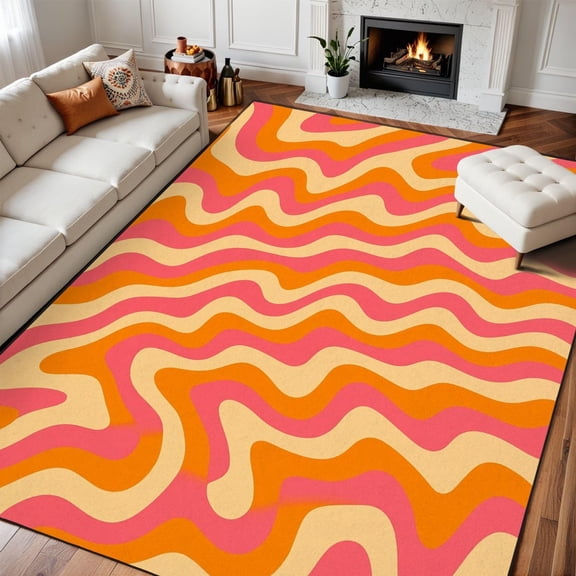 Retro 70s Wavy Swirl Area Rug, Orange Pink Abstract Pattern Carpet, Washable Non Slip Low Pile Soft Thin, Living Room Bedroom Dining Office Home Decor Mat 5x8ft
