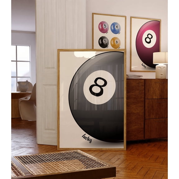 Retro 8 Ball Poster ,Drawn Lucky Wall Art, 8x12 UNFRAMED